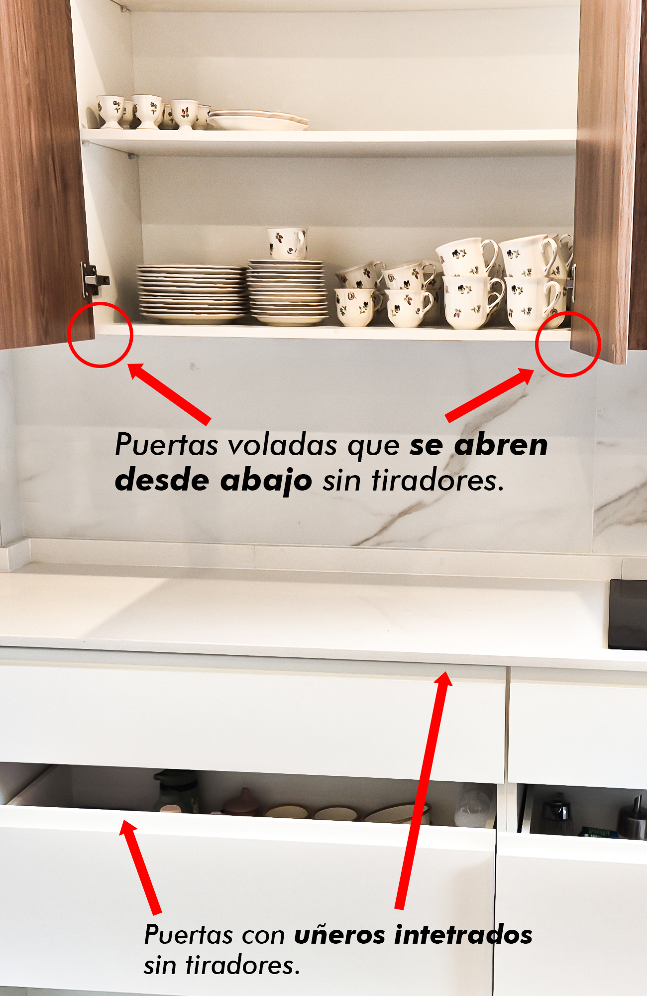 puertas de muebles superiores que se abren sin tiradores
